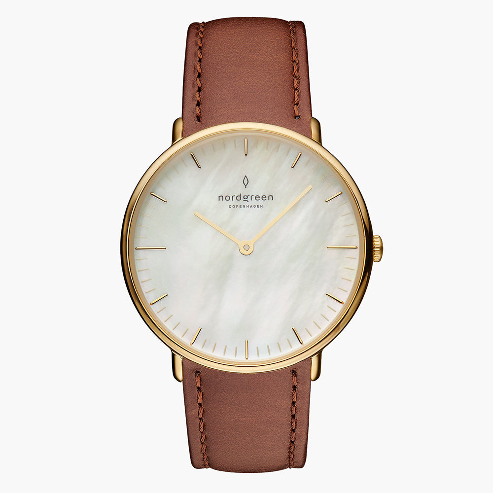 Nordgreen Native 32mm Goldgehäuse Braun Lederarmband