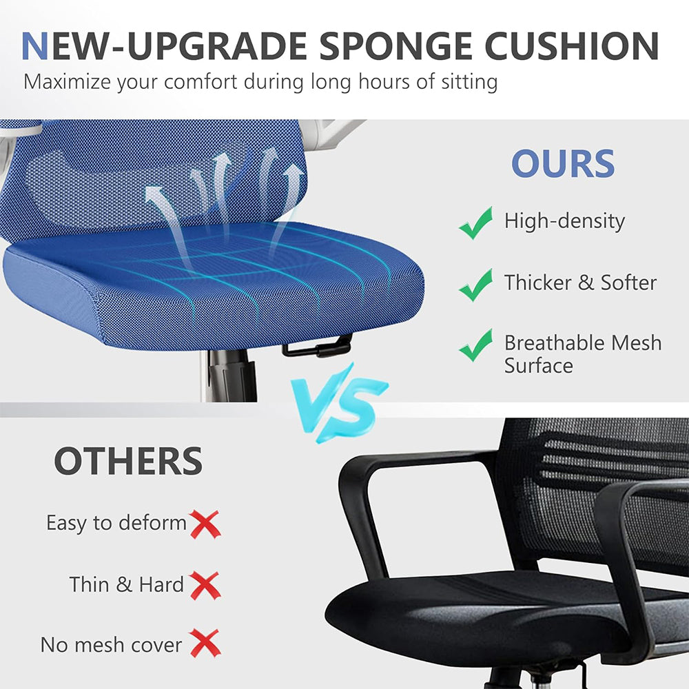 Ergonomic office chair, High back computer desk chair Comfortable lumbar support - Home office Swivel mesh chair with adjustable headrest and backrest, flip armrests,PU mute roller, blue