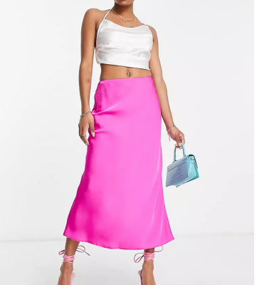 ASOS DESIGN Petite satin bias midi slip skirt in raspberry