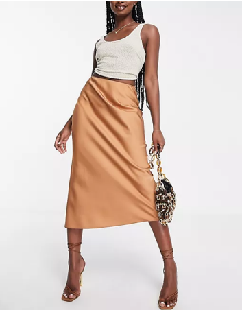 ASOS DESIGN satin bias midi slip skirt in tan