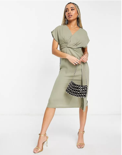 ASOS DESIGN twist and drape front midi dress in khaki