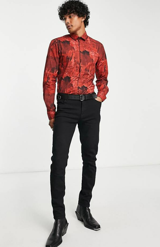Twisted Tailor cates revere collar shirt in burgundy distorted print