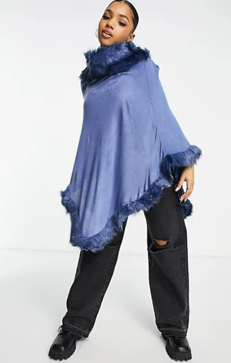 Jayley faux fur trim poncho in blue