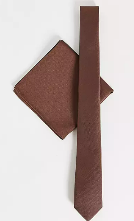 ASOS DESIGN slim tie and pocket square in chocolate brown