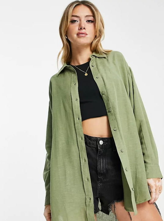 Stradivarius oversized linen shirt in khaki
