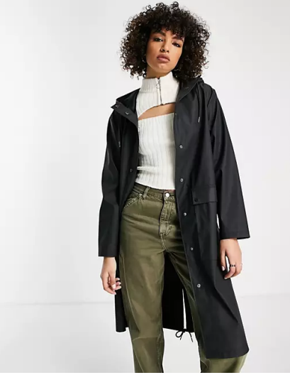 Topshop mid length rain mac with hood in black