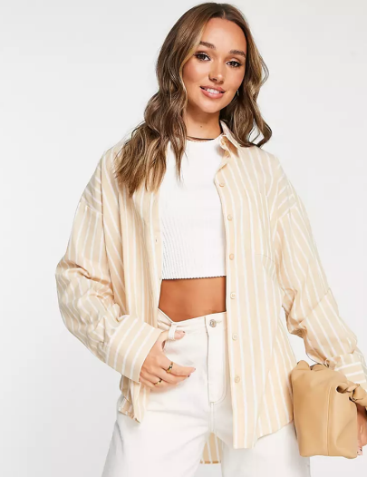 ASOS DESIGN oversized dad shirt in camel stripe