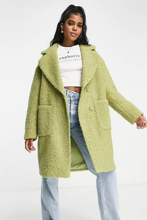 The Frolic faux shearling pea coat in sage green