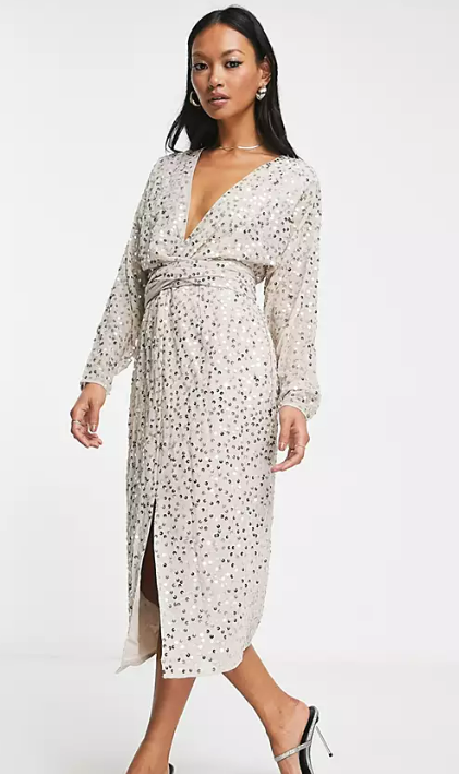 ASOS DESIGN midi dress with batwing sleeve and wrap waist in scatter sequin