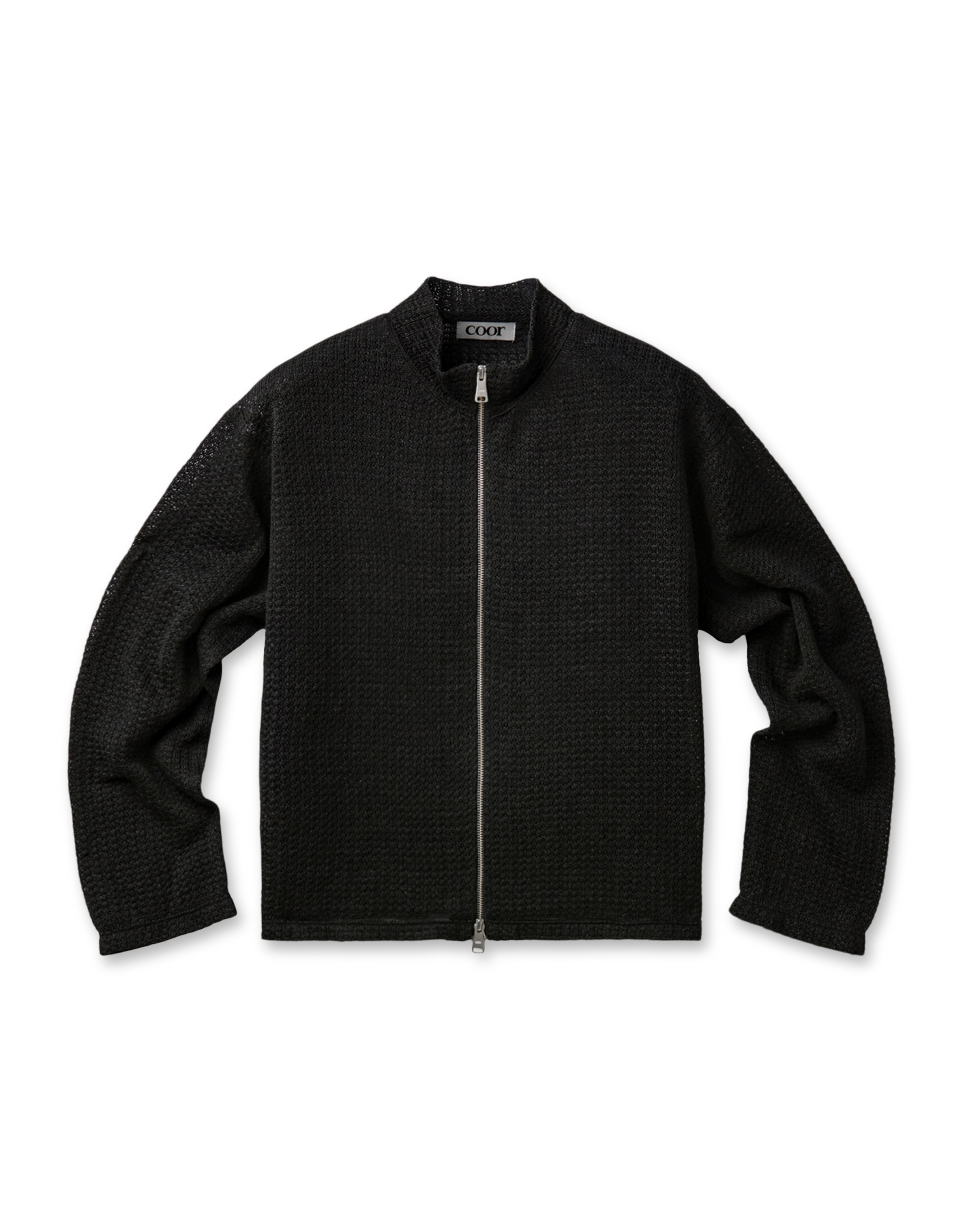 Linen Blend Stand Collar Knit Zip-Up