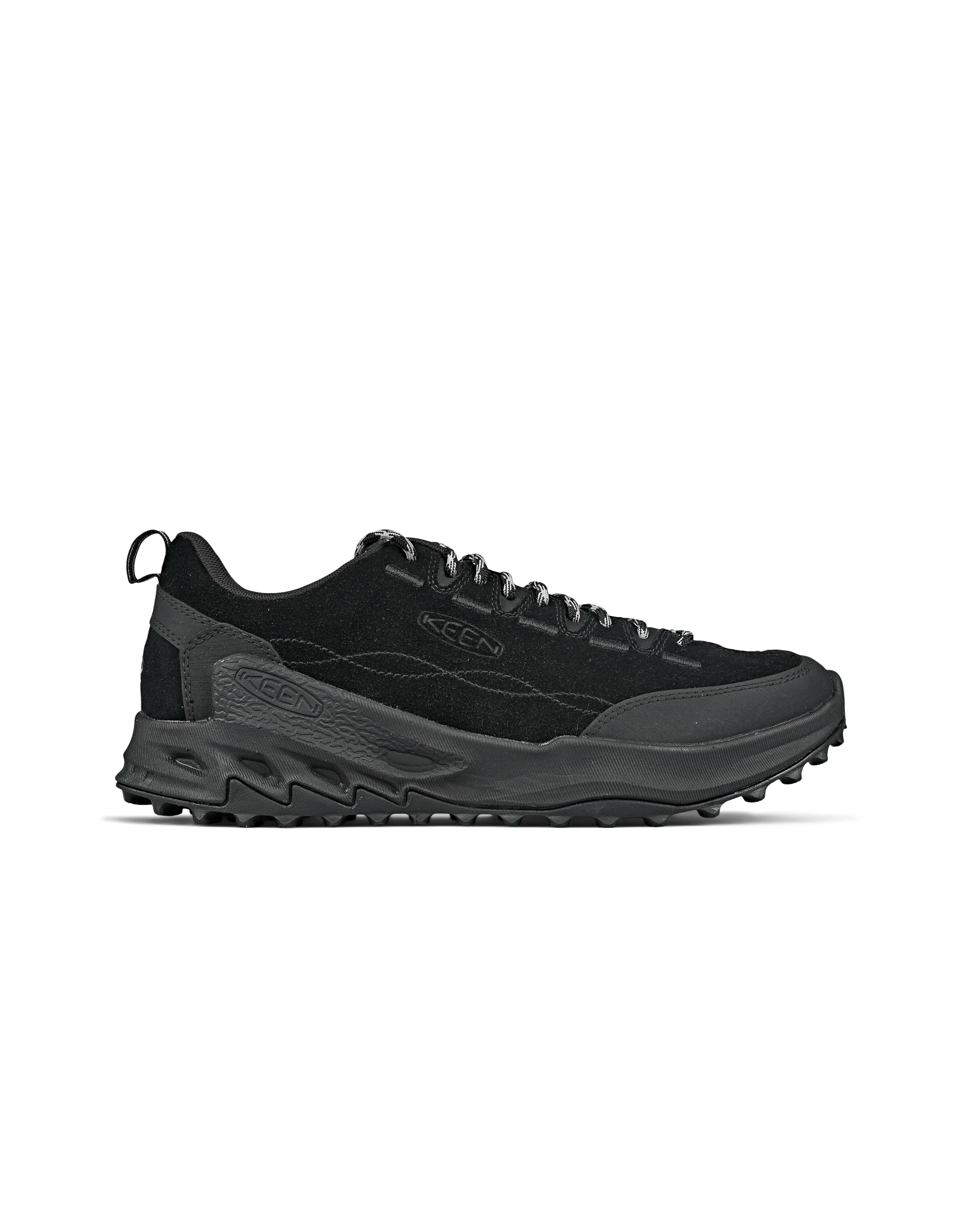 A pair of black KEEN Jasper Zionic M sneakers with a lace-up closure, mesh lining, and a rubber outsole.