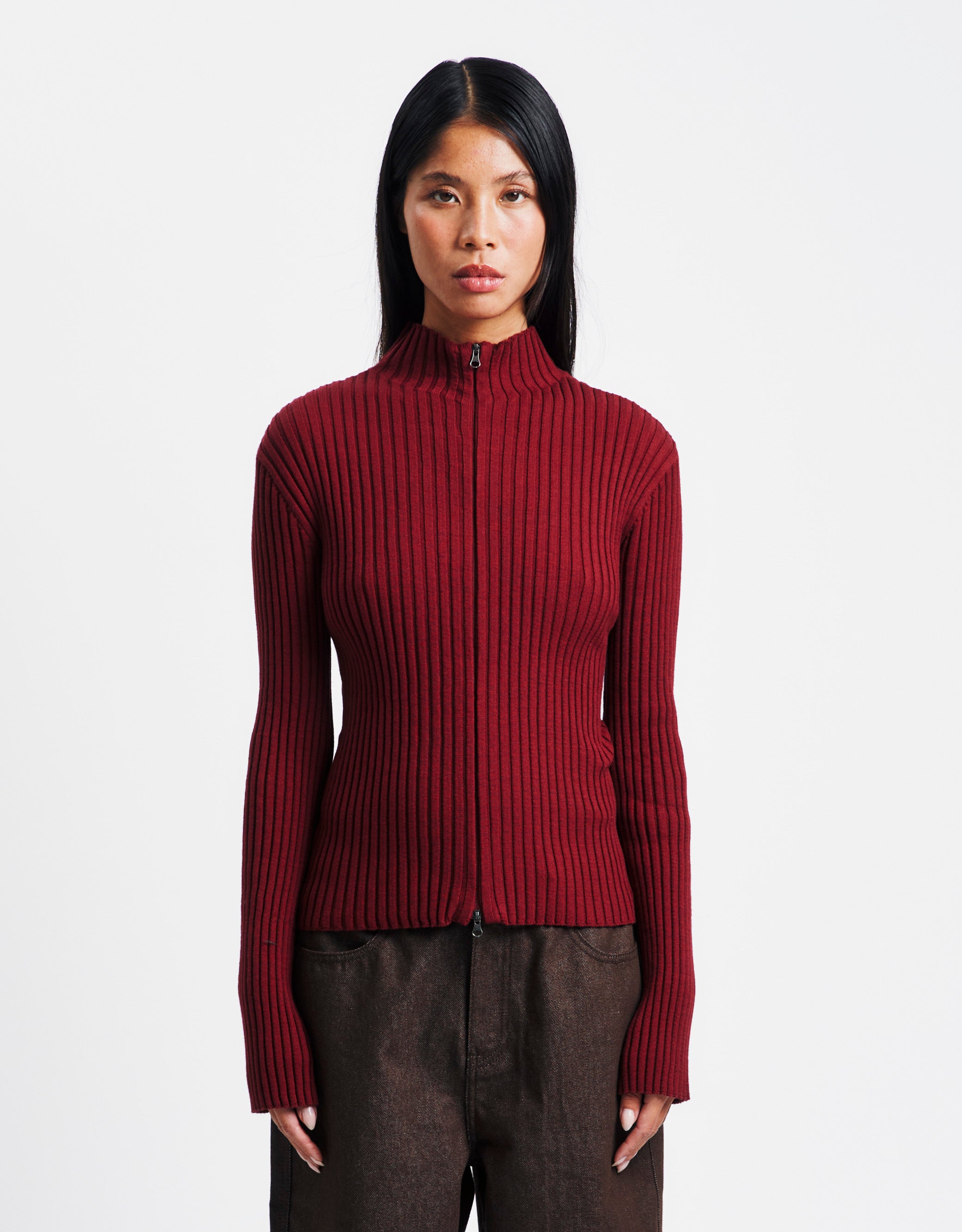 Ribbed High Neck Zip Up