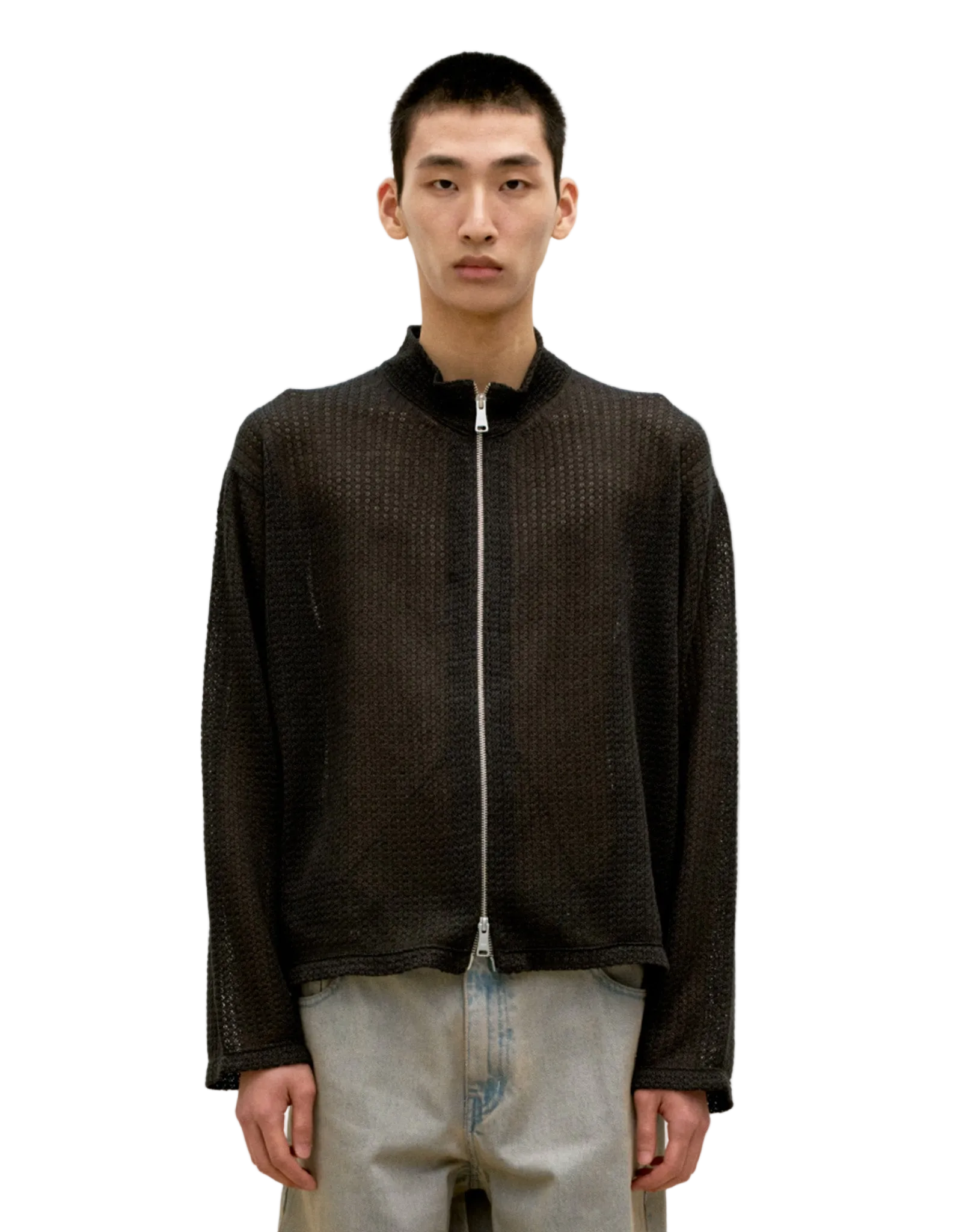 Linen Blend Stand Collar Knit Zip-Up