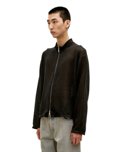 Linen Blend Stand Collar Knit Zip-Up