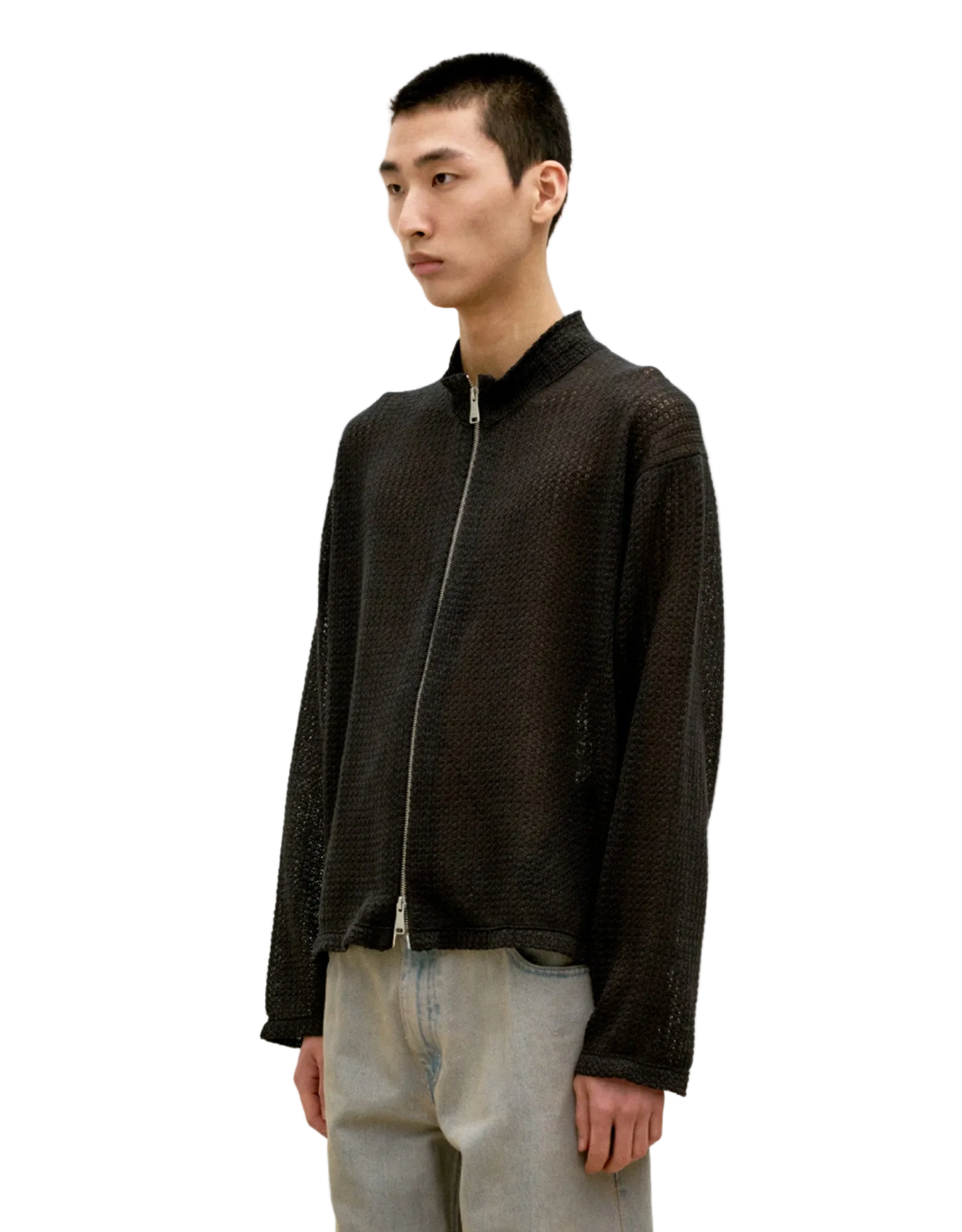 Linen Blend Stand Collar Knit Zip-Up