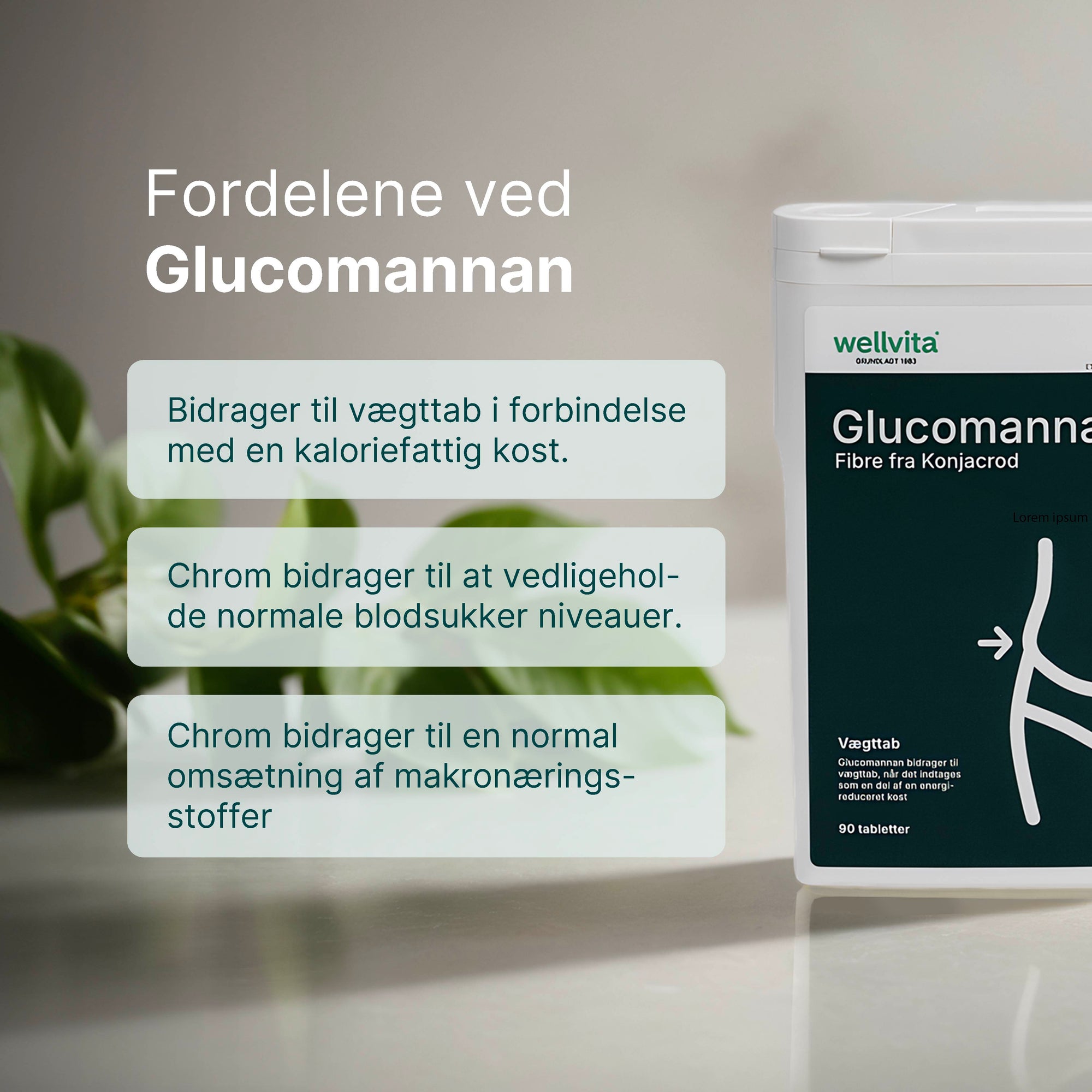Glucomannan kostfiber fra konjacrod til vægttab i tabletform 90 stk.