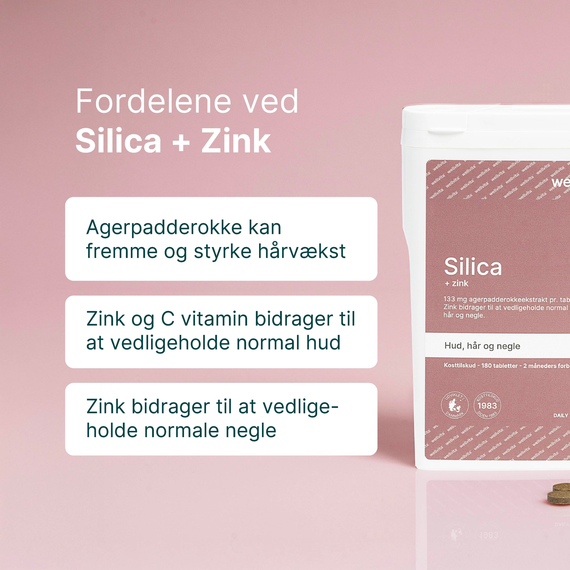 Silica tilskud til hår, hud og negle med zink og C-vitamin.