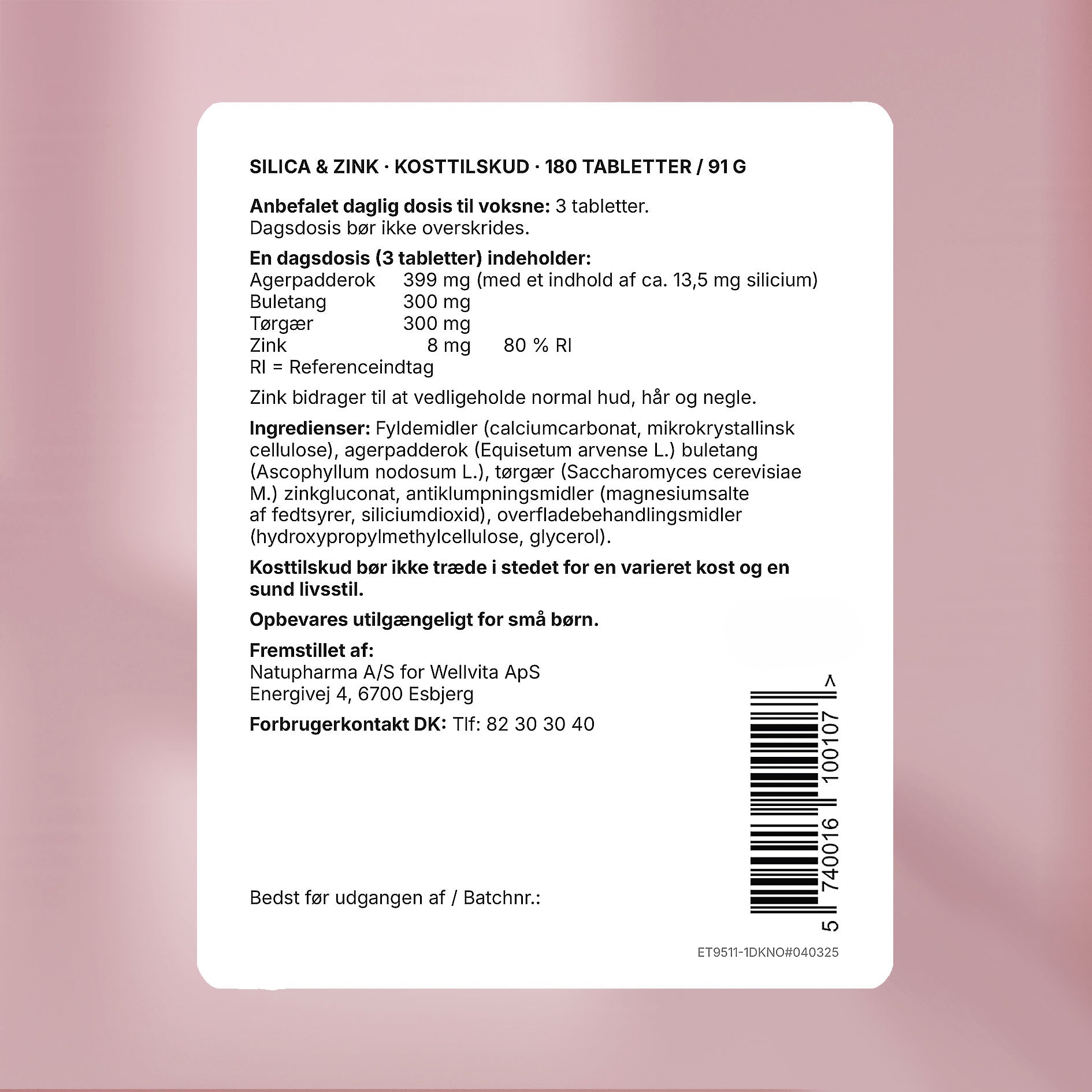 Silica tilskud til hår, hud og negle med zink og C-vitamin.
