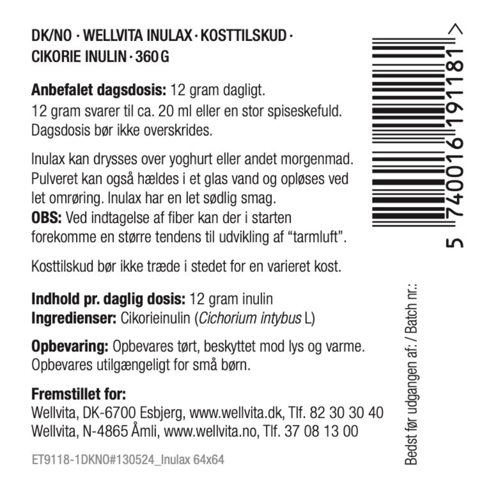 Inulax kosttilskud med cikorieinulin for normal tarmfunktion og øget afføringshyppighed, 360g pulver.