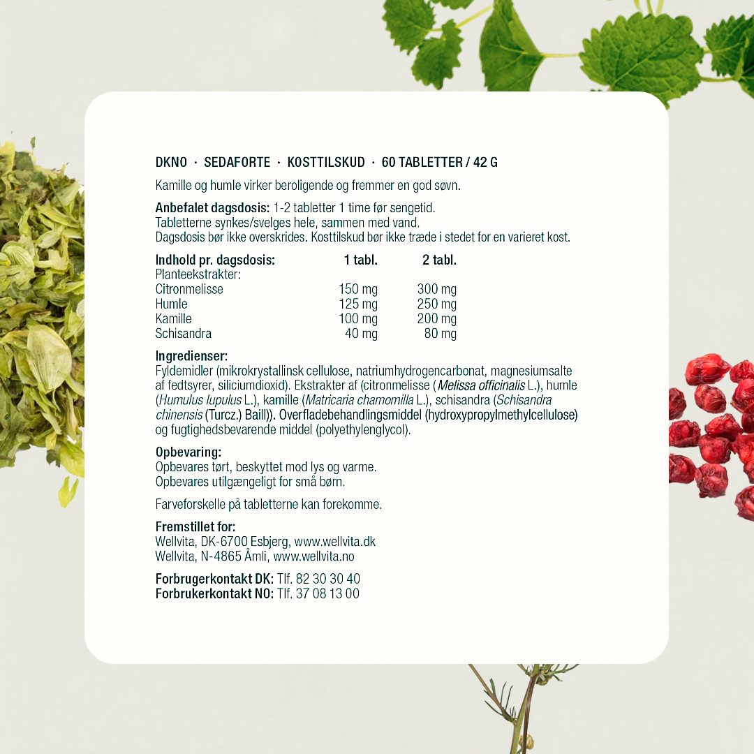 Sedaforte kosttilskud med citronmelisse, humle, kamille og schizandra for afslapning og bedre søvn, 60 tabletter.