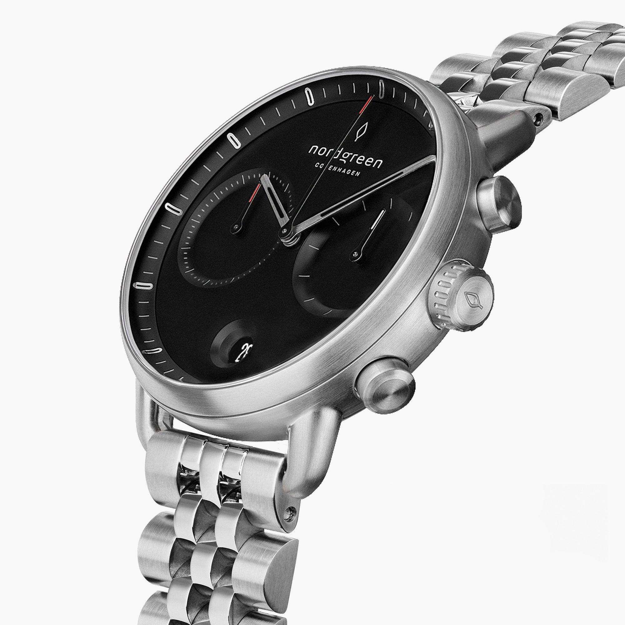 Pioneer Chronograph | 42mm Black Dial Silver Link | Nordgreen