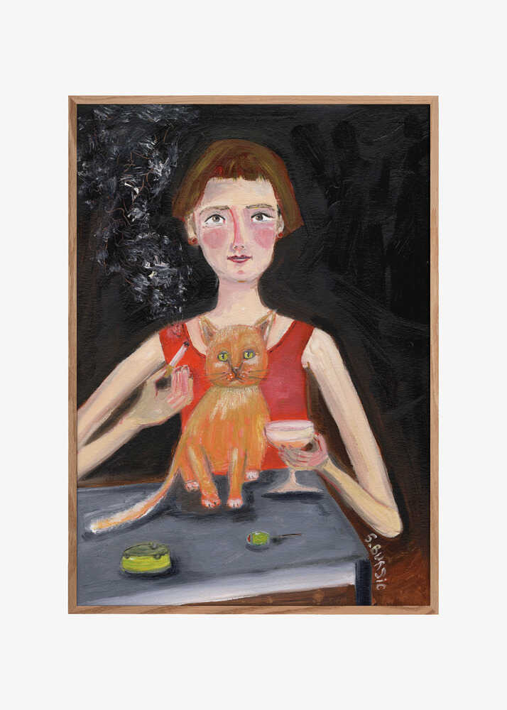 Vintage woman with cocktail and cat