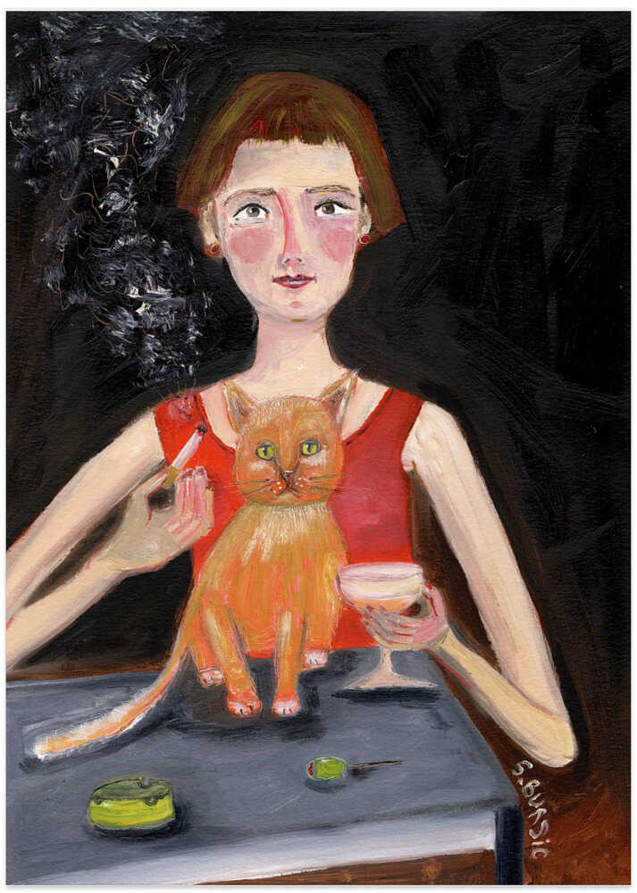 Vintage woman with cocktail and cat