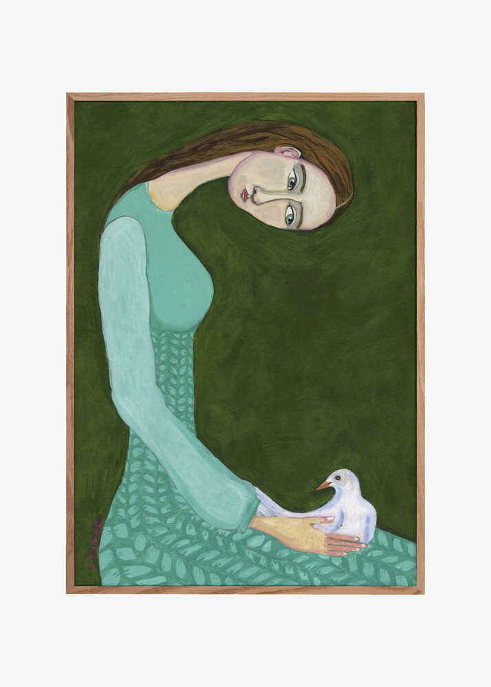 Lady sitting with white dove bird woman