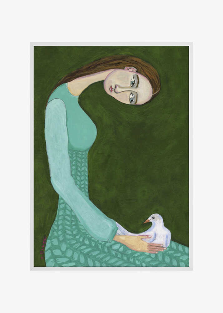 Lady sitting with white dove bird woman