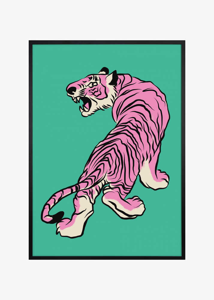 Pink Tiger Against A Teal Background