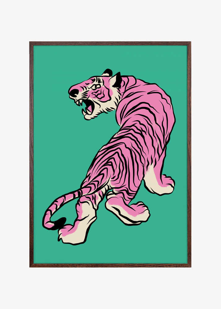 Pink Tiger Against A Teal Background