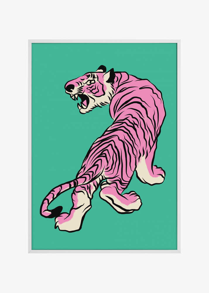 Pink Tiger Against A Teal Background