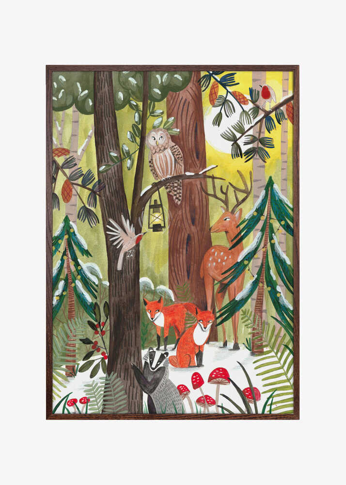 Green Christmas forest with animals