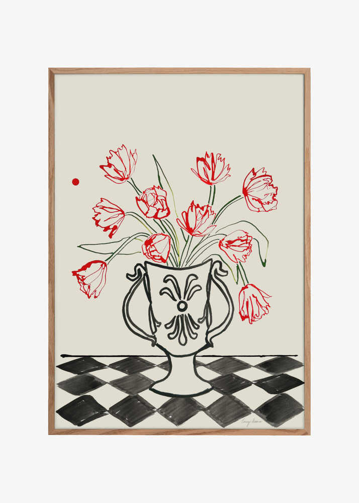 Red Tulips In a Vase with Checkered Diamonds