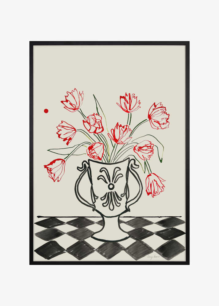 Red Tulips In a Vase with Checkered Diamonds