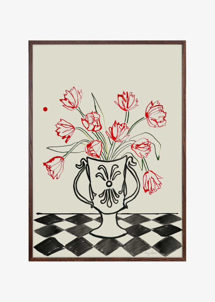 Red Tulips In a Vase with Checkered Diamonds