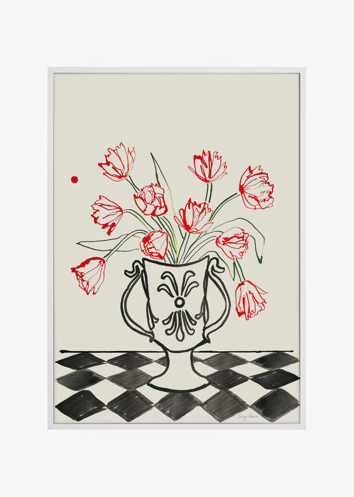 Red Tulips In a Vase with Checkered Diamonds