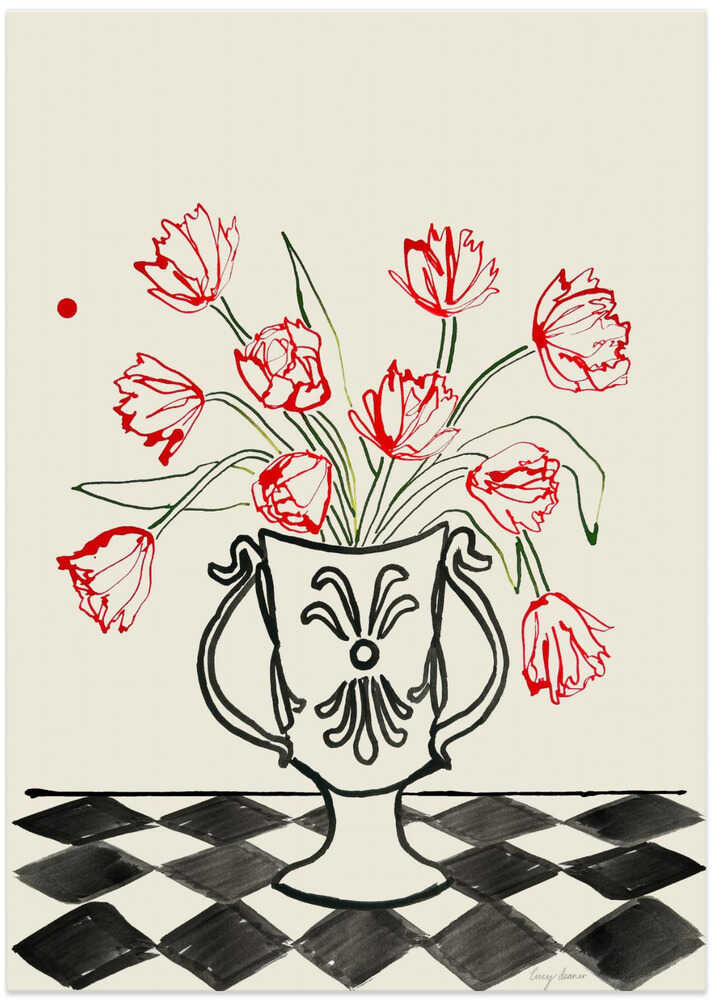 Red Tulips In a Vase with Checkered Diamonds
