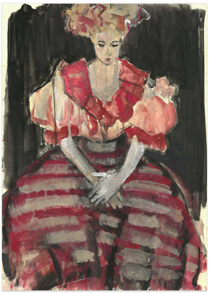 Woman in a Flowing Red Stripes Dress