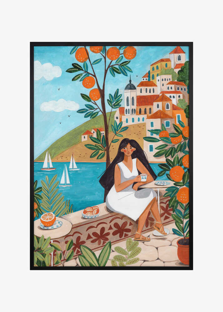 Travel poster woman in Mediterranean coast