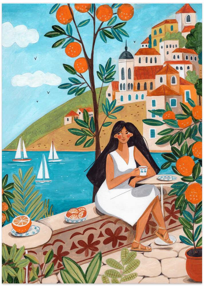 Travel poster woman in Mediterranean coast