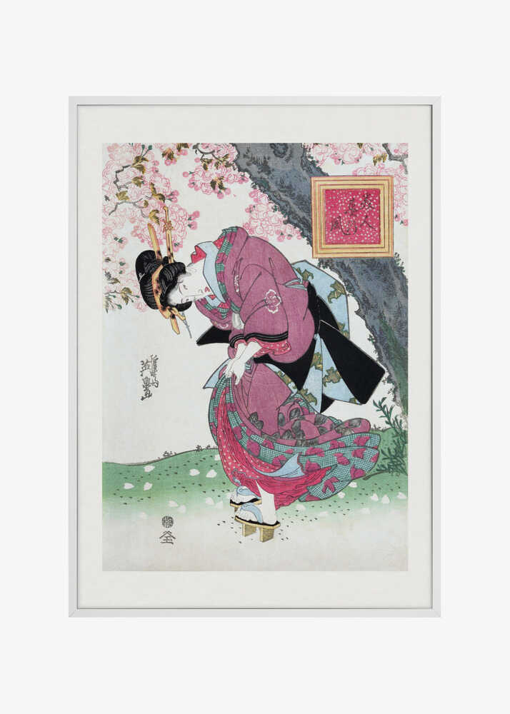 Japanese Woman and Cherry Blossom (1828) Vintage Woodblock Prints With Boarder