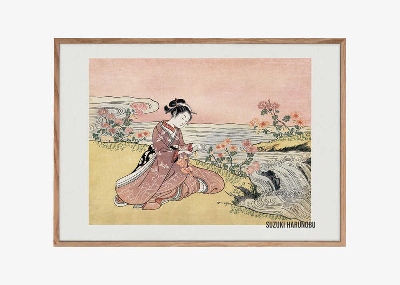 Japanese Woman Picking Chrysanthemum (1725 1770) Vintage Woodblock Print
