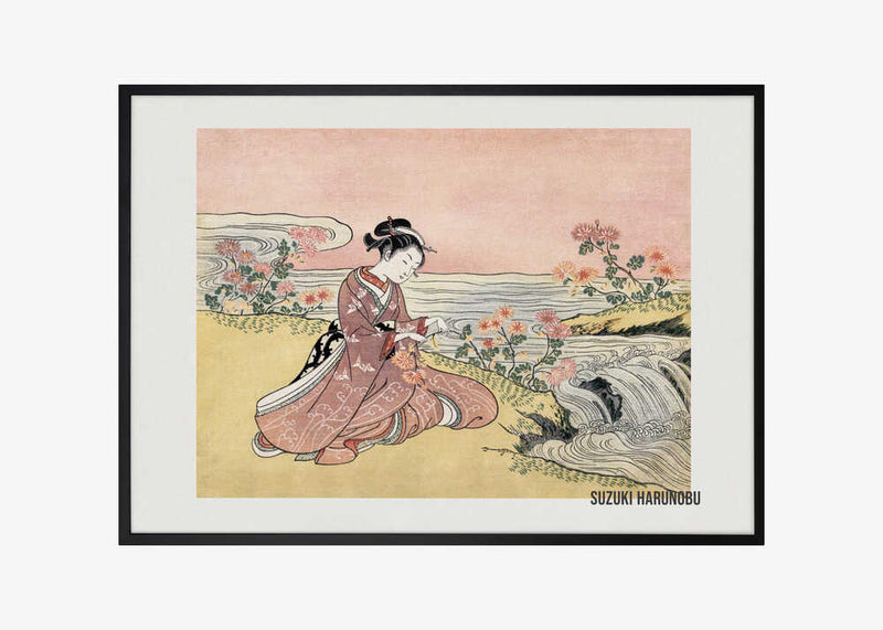 Japanese Woman Picking Chrysanthemum (1725 1770) Vintage Woodblock Print