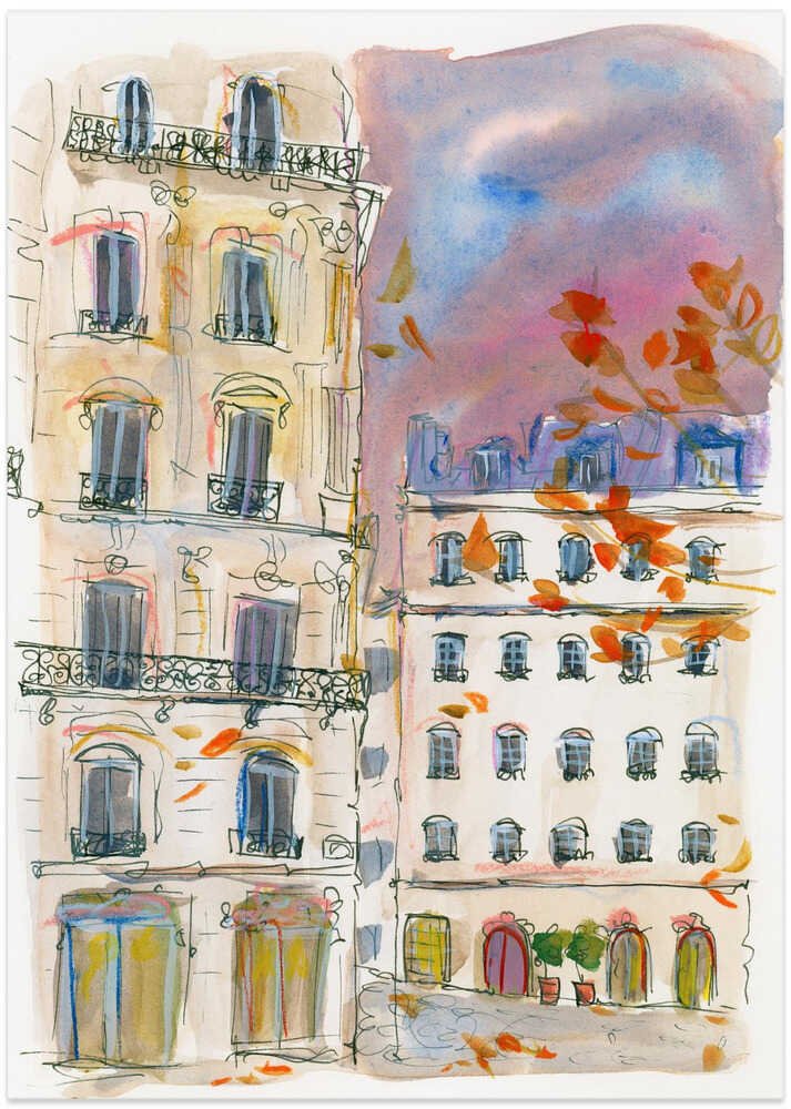 Paris street corner with purple sky