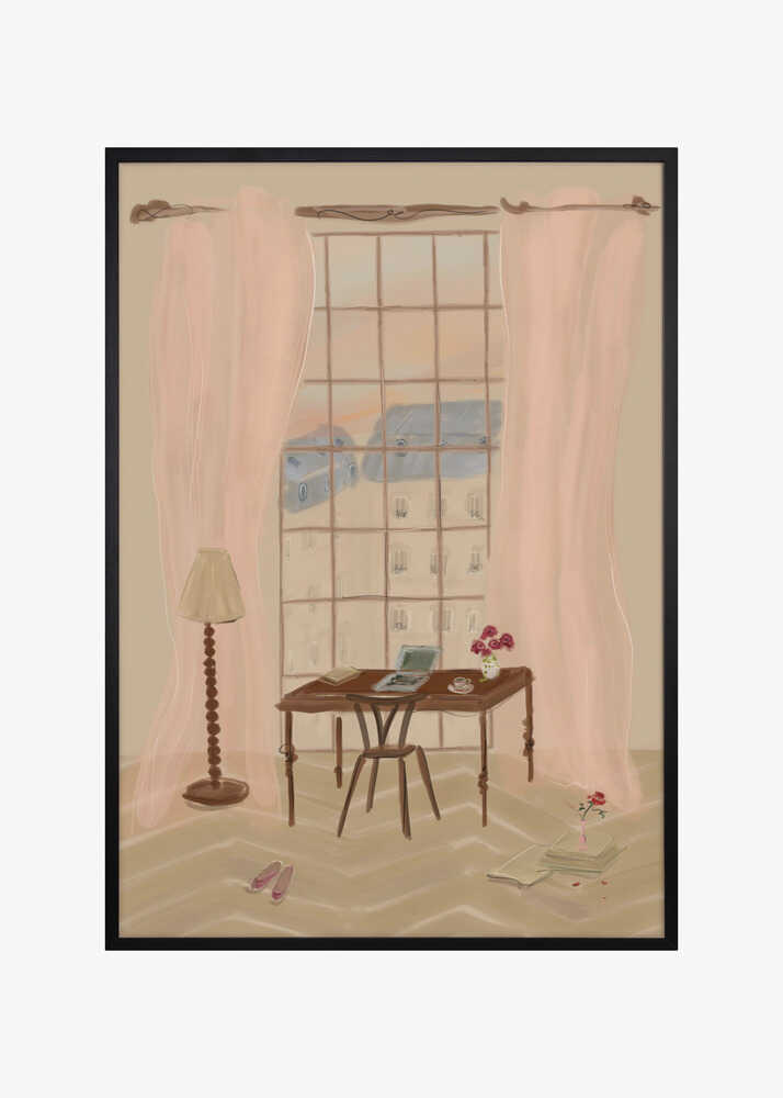 Paris Window View Illustration with Rustic Desk