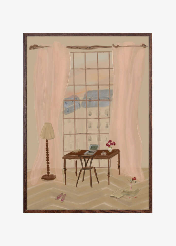 Paris Window View Illustration with Rustic Desk
