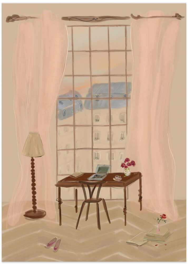 Paris Window View Illustration with Rustic Desk