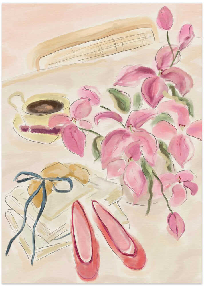 Still Life Watercolor Illustration with Ballerinas