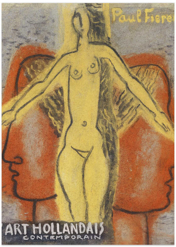 Naakte Vrouw Tussen Twee Van Elkaar Weg Kijkende Mannen Hoofden (1933) By Leo Gestel.